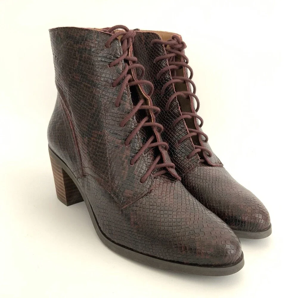Lucky Brand Leather Persee Snake Print Lace Up Boots Burgundy 6.5